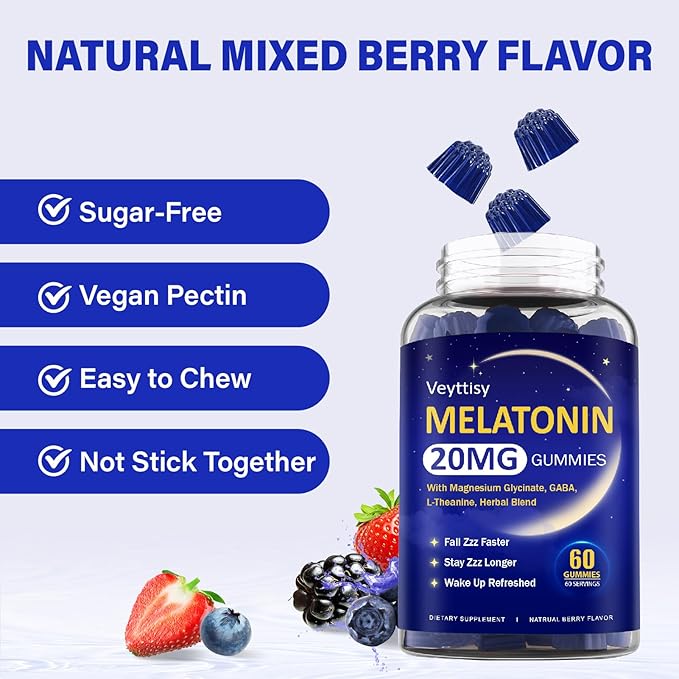Melatonin 20mg Gummies for Adults - Max Strength Melatonin Gummy Supplement with Magnesium Glycinate, B6, B12, L-Theanine, GABA, & Herbs - Non-Habit Forming, Vegan, Natural Mixed Berry Flavor