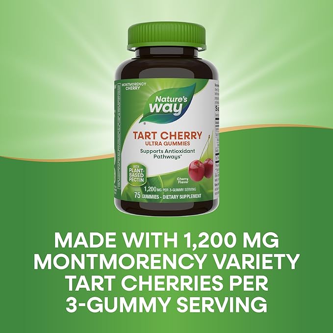 Nature's Way Tart Cherry Ultra Gummies, Antioxidant Support from Anthocyanins*, 1,200 mg per 3-Gummy Serving, Cherry Flavored, Gluten Free, Vegetarian, 75 Count (Packaging May Vary)