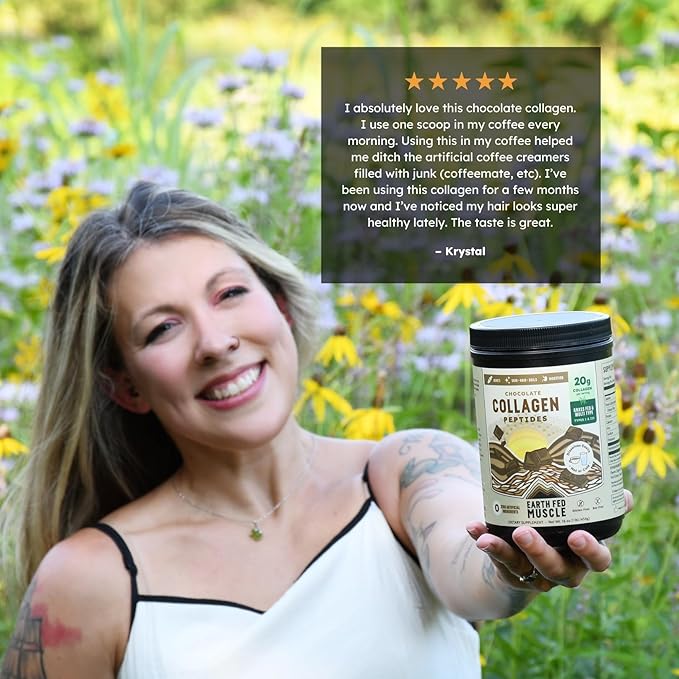Earth Fed Muscle Chocolate Collagen Peptides Powder – Grass Fed Hydrolyzed Collagen for Women & Men - Healthy Bones, Skin & Hair - Types 1 & 3 Collagen Powder, 20g Per Serving, 19 Servings
