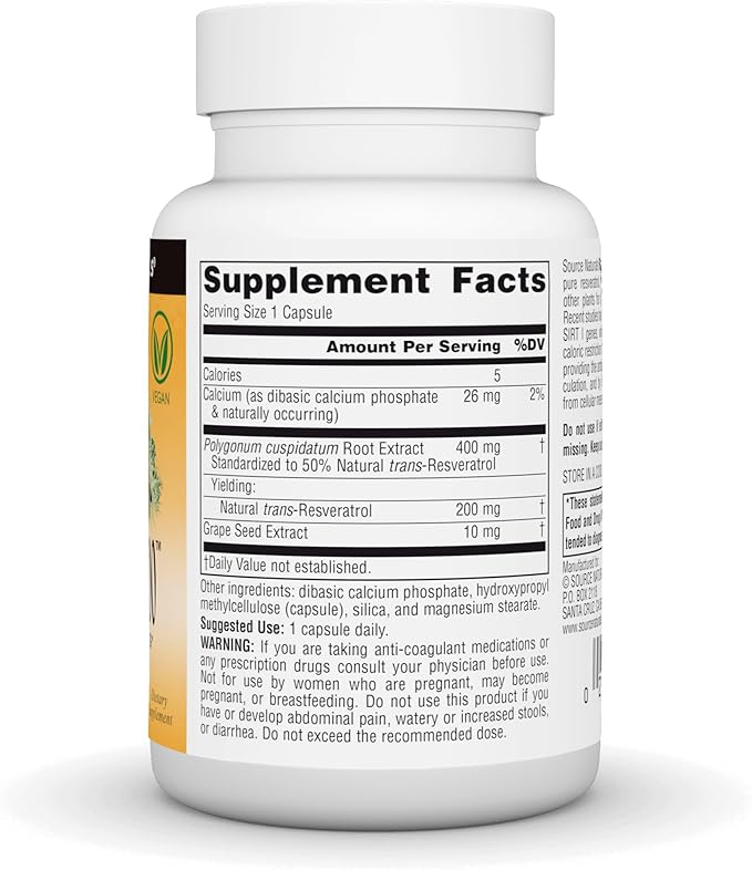 Source Naturals Resveratrol, for Heart and Healthy Aging* - 200 mg- 60 Vegan Capsules