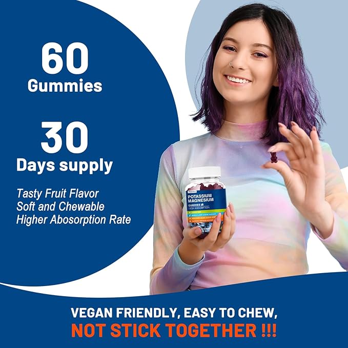 Potassium Magnesium Gummies - Magnesium Glycinate B6,D3 & Potassium Citrate for Leg Cramps,Muscle,Electroyte for Adults Kids,Sugar-Free - 60 Blueberry Gummies