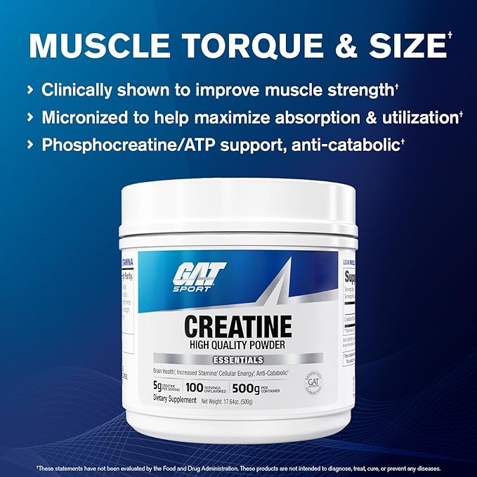 GAT SPORT Creatine Monohydrate 500 Gram Powder, Strength, Brain Health, Anti-oxidant, Endurance, for Men & Women, Unflavored, 100 Servings
