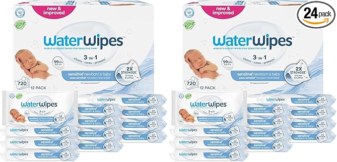 WaterWipes Sensitive+ Newborn & Baby Wipes,3-In-1 Cleans,Cares,Protects,99.9% Water,Unscented & Hypoallergenic,1440 Total,60 Count (Pack of 24)