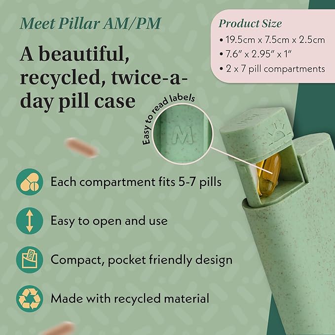 Pillar AM/PM Pill Box Organizer Two Times a Day | Aesthetic 7 Day Tablet Organizer 2 Times A Day | Beautiful Weekly Pill Box for Day and Night Medication (Powder Blue)