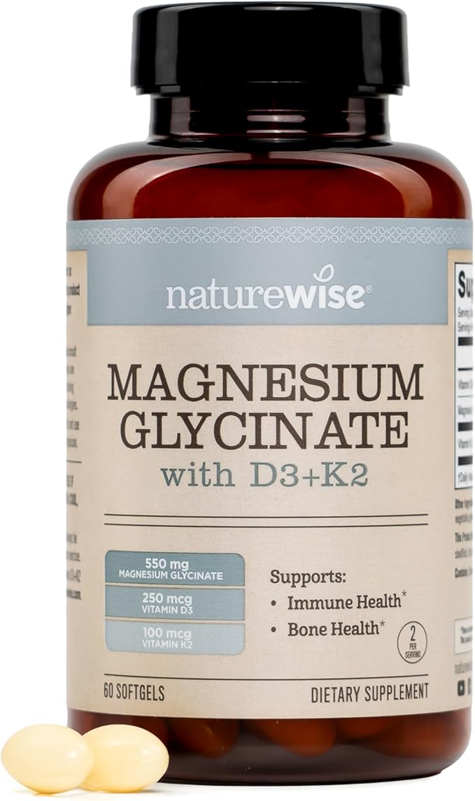 NatureWise Magnesium Glycinate 550mg + High-Dose 10000 IU Vitamin D3 K2 100 mcg - D3 K2 Magnesium Supplement - Chelated for High Absorption - Bone Support - Non-GMO, USA Manufactured - [30-Day Supply]
