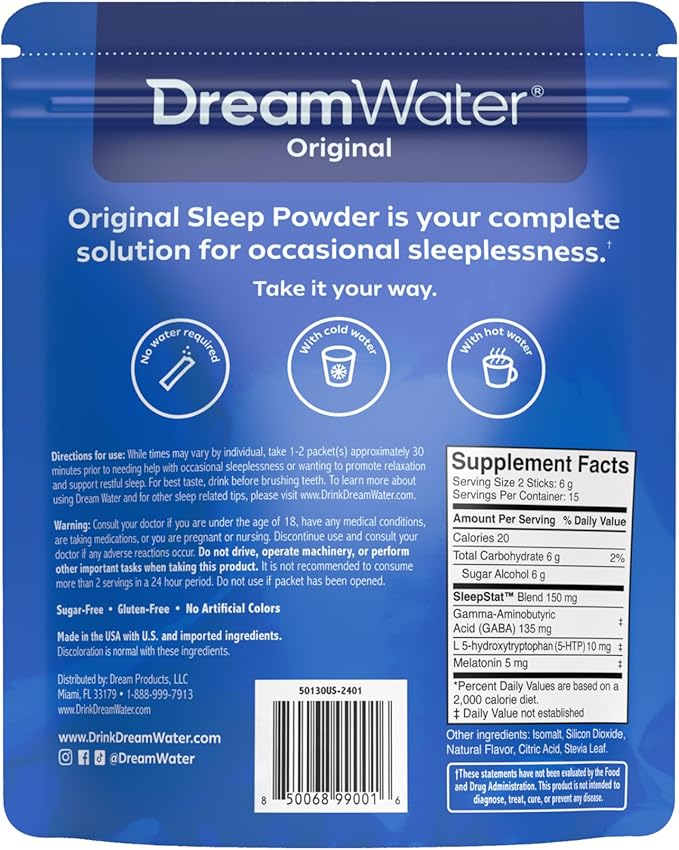 Dream Water Sleep Aid Powder; Melatonin 5mg, GABA, 5-HTP; Natural Flavors; Helps You to Fall Asleep, Fast, and Wake Refreshed; Snoozeberry, 30-Count.