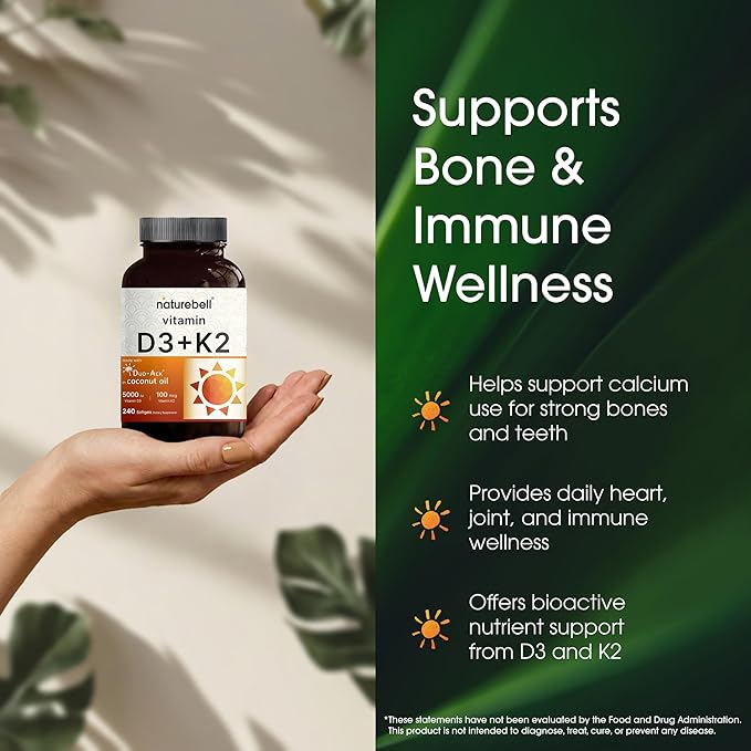 NatureBell Vitamin D3 K2-240 Softgels - 5,000 IU Vitamin D3 & 100mcg Vitamin K2 MK-7 - with Virgin Coconut Oil - Bone, Heart & Immune Health Support* - Duo-Ack Formula