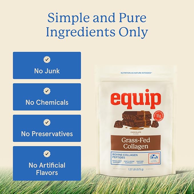 Equip Foods Grass Fed Collagen Powder | Hydrolyzed Bovine Collagen Peptides with Amino Acids | Prime Beef Collagen for Healthy Joints, Skin & Nails | Non-GMO, Paleo Friendly | 30 Servings, Chocolate