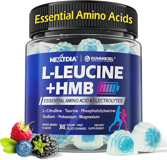 Hmb and L-Leucine Gummies, Pre Work Essential Amino Acids EAA Supplements for Men & Women, w/Branched-Chain Amino (BCAA) & 4 Hydration Electrolytes, Taurine, B12 & D3 for Fast Workout Recovery, 60Cts