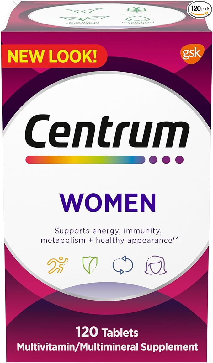 Centrum Multivitamin for Women, Multivitamin/Multimineral Supplement with Iron, Vitamin D3, B Vitamins and Antioxidant Vitamins C and E, Gluten Free, Non-GMO Ingredients - 120 Count