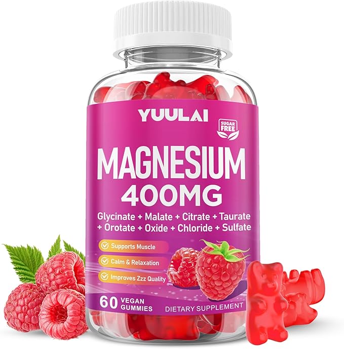 Magnesium Complex Gummies 400mg, Magnesium Glycinate, Malate, Citrate, Taurate, Oxide & More | w/Ashwagandha Extract, D3 & B12 for Calm, Zzz, Relaxation, Muscle Cramp, Raspberry Flavor, 60 Count