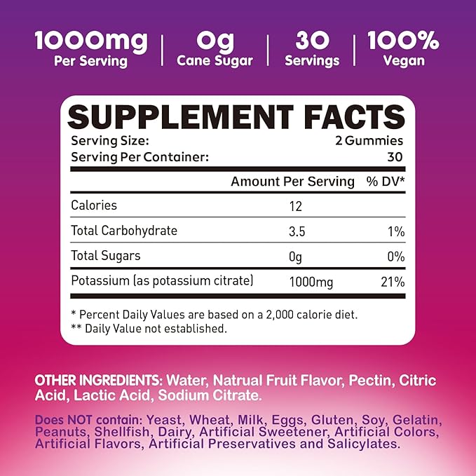 duwhot Potassium Citrate 1000mg Gummies, Potassium Supplement for Adults Women & Men, Support Leg Cramps & Muscle Health, 60 Chewables