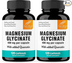 Magnesium Glycinate 400mg High Absorption Capsules with Quercetin | Quality Sleep, Relaxation & Muscle Health Supplement for Women and Men | Chelated Magnesium 120 Count (Pack of 2) | Easy to Swallow