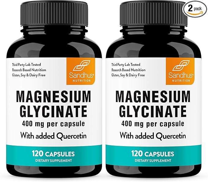 Magnesium Glycinate 400mg High Absorption Capsules with Quercetin | Quality Sleep, Relaxation & Muscle Health Supplement for Women and Men | Chelated Magnesium 120 Count (Pack of 2) | Easy to Swallow