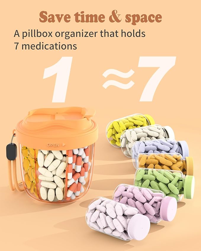 Pill Organizer with 7 Compartments, Pill Box Case for Holding 7 Different Vitamins, Anti-Mix Design for Easy Medication Retrieval. Travel Pill Organizer with 20 Labels.Pill Container（Orange）