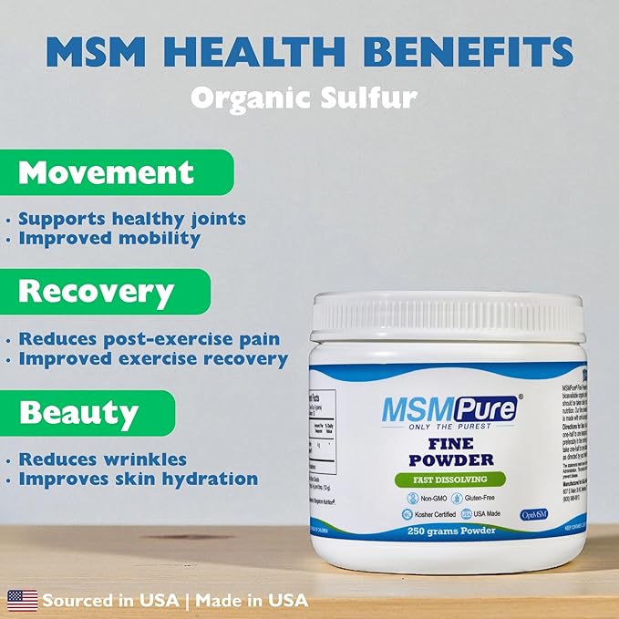 KALA HEALTH MSMPure Fast Dissolving Fine MSM Powder Crystals – US-Made MSM for Joint Health, Skin Appearance, and Hair & Nail Support – 8.8 oz, Organic Sulfur
