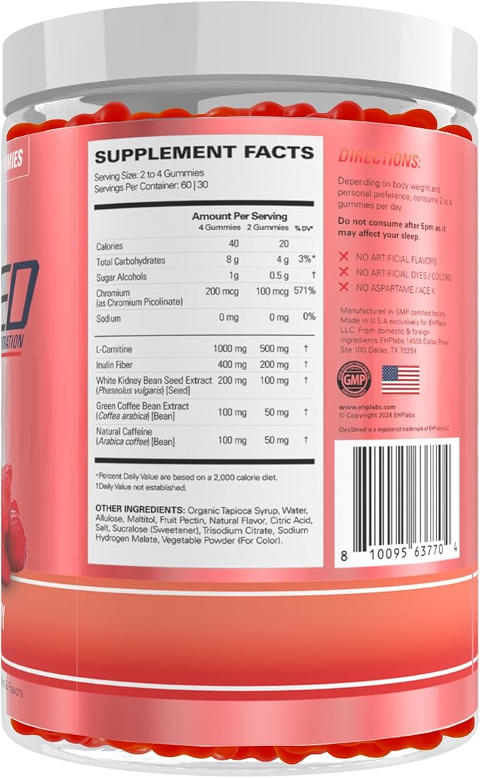 EHP Labs OxyShred Gummies - Pre Workout Gummies & Energy Chews with 100mg Caffeine, L-Carnitine for Thermo & Metabolic Support, All Natural Energy Boost - Strawberry Flavor – 60 Servings (Pack of 2)