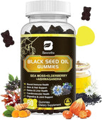 Black Seed Oil Gummies with Ashwagandha & Irish Sea Moss & Elderberry – Immune Support Supplement with Vitamin C, D3, Zinc, Nigella Sativa Black Cumin Gummy for Hair Growth & Joint Health - 60 Vegan
