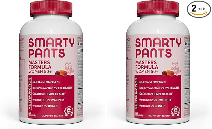 SmartyPants Multivitamin Gummy for Women 50 and Over: Omega 3 Fish Oil (EPA/DHA),Methylfolate,CoQ10,Vitamin D3,C,Vitamin B12,B6,A,K & Zinc,Biotin,Gluten Free,(30 Day Supply),120 Count (Pack of 2)