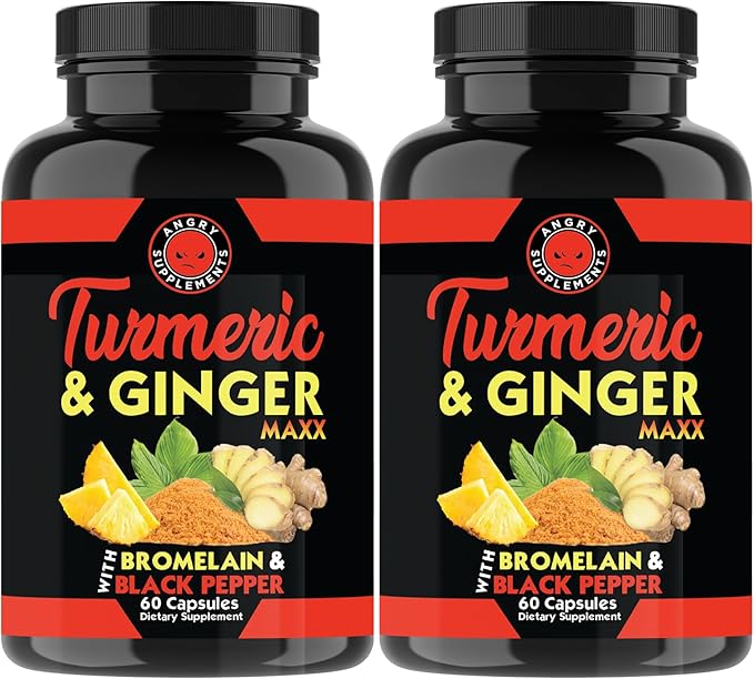 Angry Supplements Turmeric Ginger Maxx 60 Capsules w. Turmeric, Ginger Root, Omega 3, Bromelain, Quercetin & Black Pepper Extract – Wellness & Antioxidant for Men & Women (2-Bottles)