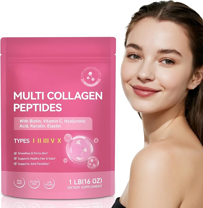 Multi Collagen Peptides Powder with Type I II III V X for Skin Joints Bones Hair and Nails Enhanced with Vitamin C Biotin Hyaluronic Acid Keratin Elastin for Comprehensive Beauty and Wellness Support