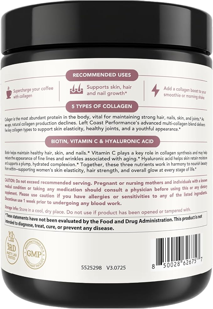 Multi Collagen Peptides Powder Types I, II, III, V, X Multi Collagen Protein Powder with Hyaluronic Acid, Biotin, Vitamin C, For Skin Hair Nails Joints and Gut Health - Keto, Non-GMO Supplement