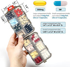 14 GRIDS Travel Pill Organizer Box with Labels - Travel Medicine Case Kit - Pocket Daily Pharmacy Container - Travel Medication Holder Dispenser for Fish Oil Vitamin Supplement Storage - Clear Gray
