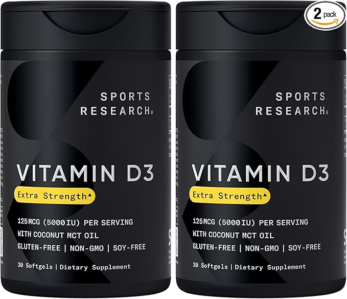 Sports Research Vitamin D3 5000 IU with Coconut MCT Oil - Extra Strength Vitamin D Supplement - Non-GMO Verified, Gluten & Soy Free – 125mcg, 30 Liquid Softgels (Pack of 2)