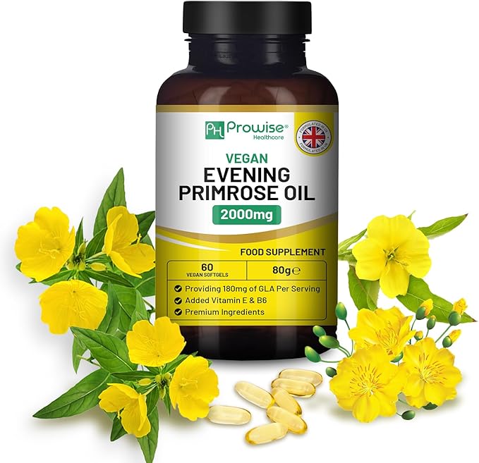 Vegan Evening Primrose Oil 2000mg with Vitamin E & B6 – 60 Vegan Softgels| Pure Cold Pressed I 180mg GLA per Capsule I Women's Health I Premium Quality I by Prowise Healthcare