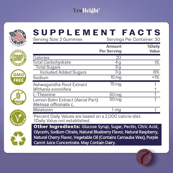 TruHeight Sleep Gummies - Kids & Teen Natural Sleep Aid for Tall & Growing Bodies - Pediatric Recommended Growth - Melatonin Gummy, Ashwagandha, L-Theanine, Lemon Balm - Mixed Berry, Taller Ages 4+