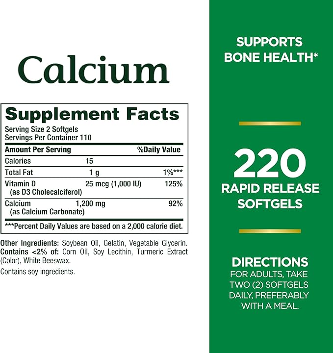 Nature's Bounty Calcium 1200 mg with Vitamin D3, Bone Health & Immune Support, Vitamin D3 1000 IU, 220 Softgels (Pack of 2)