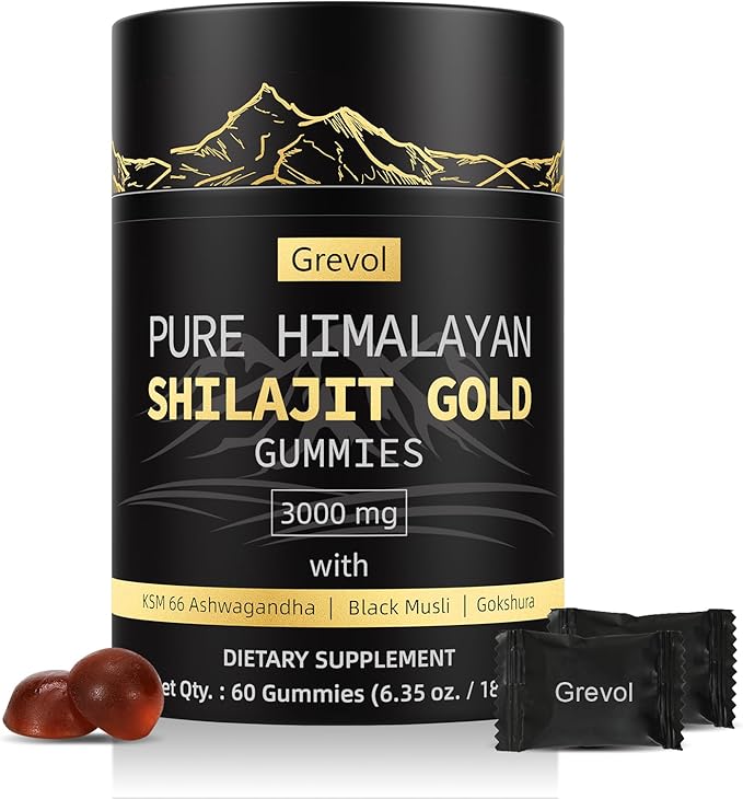 Grevol Himalayan Shilajit Gummies: Gold Grade Shilajit Riched with Ashwagandha Fulvic Acid & 85+ Trace Minerals - No Added Sugar - Individually Wrapped - for Men & Women - 60 Gummy