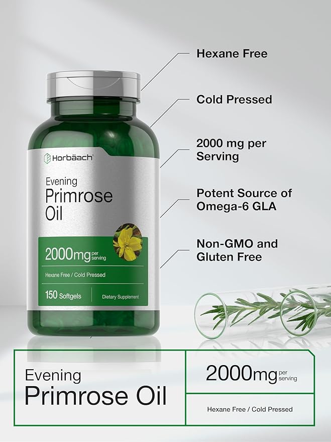Horbäach Evening Primrose Oil Softgels | 2000 mg | 150 Pills | Cold Pressed, Hexane Free Supplement with GLA | Non-GMO, Gluten Free
