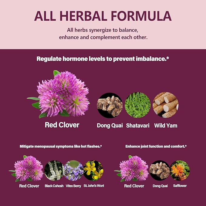 Red Clover Extract Herb Supplement, Liquid Drops for Women Health Balance, 8-in-1 Herbal Formula for Menopause Hot Flashes Relief with Dong Quai & Shatavari Extract, Alcohol Free. 2oz