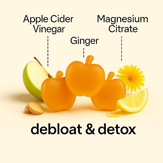 riev Debloat & Detox Gummies – Apple Cider Honey Flavor – Sugar-Free – Daily Gut Support with Ginger, Dandelion, and Magnesium – Gentle Digestion – Vegan, Non-GMO – 30 Count