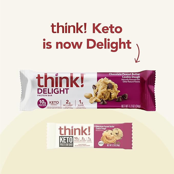 think! Delight, Keto Protein Bars, Healthy Low Carb, Gluten Free Snack - Chocolate Peanut Butter Cookie Dough, 10 Count (Packaging May Vary) (Pack of 2)