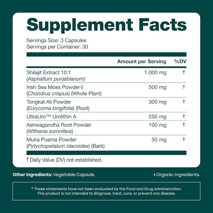 Urolithin-A Complex w Shilajit, Organic Sea Moss, Ashwagandha & Tongkat Ali, Natural Energy, Libido, Hormone Balance, and Focus for Men & Women (Made in USA - 3rd Party Tested)