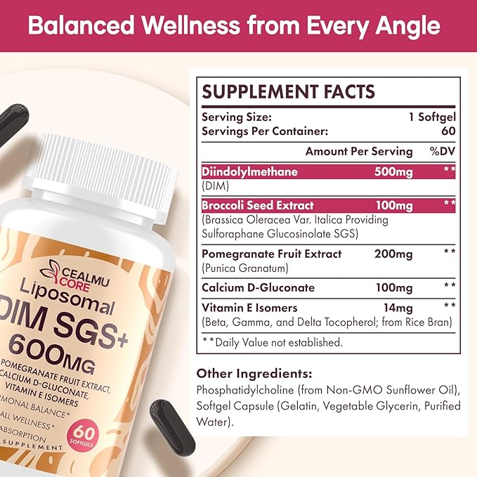 Liposomal DIM SGS Supplement - Estrogen Supplements for Women & Men Contains Sulforaphane Glucosinolate, Vitamin E, Pomegranate Fruit - Support Detox and Antioxidant (2 Pack)