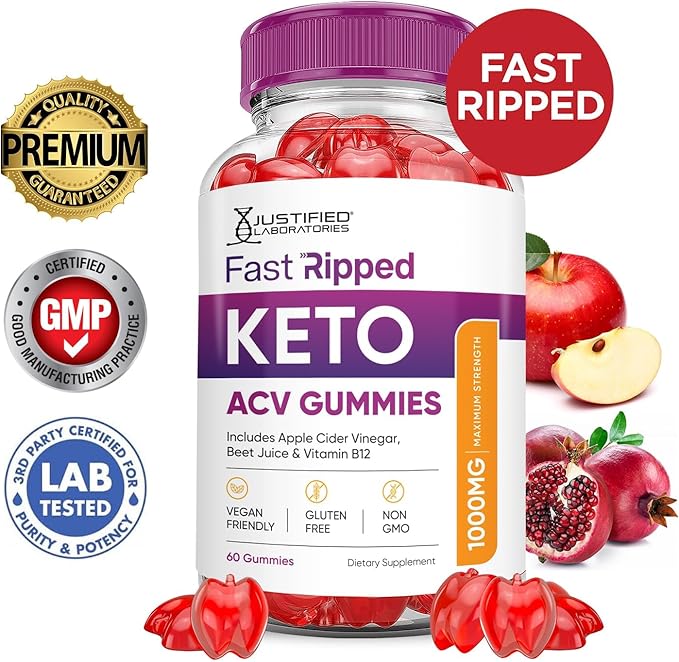 Justified Laboratories Fast Ripped Keto ACV Gummies Advanced Formula 1000MG Fast Ripped Keto Gummies Apple Cider Vinegar Formulated with Pomegranate Beet Juice Powder B12 Vegan Non GMO 60 Gummys