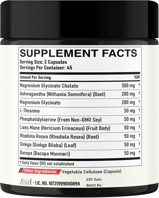9in1 Cortisol Supplement - Ashwagandha and Magnesium Glycinate and Chelate - Brain Health & Restful Night & Mood Balance - 90 Capsules Supply 45 Days