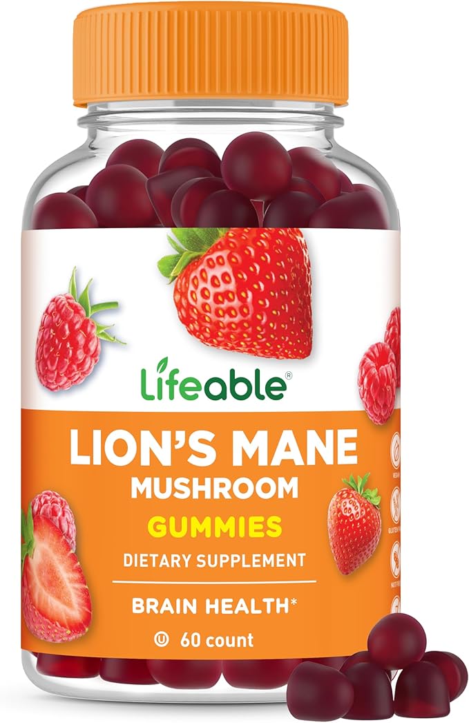 Lifeable Lions Mane Gummies for Adults | Great Tasting Lions Mane Mushroom Extract | Vegan, Kosher, Non-GMO Mushroom Gummies | Brain Support Supplement | 60 Count