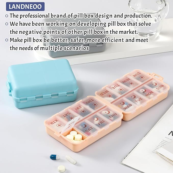 Foldable Weekly Pill Organizer 2 Times a Day with 2 Extra Compartments - Etched Labels - Portable 7 Day AM PM Medicine Box, Week Daily Travel Pill Case Holder Dispenser for Vitamin, Supplement - Pink