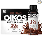 Oikos Protein Shake, Chocolate, 30g High Protein Drinks, Shelf Stable, Ready to Drink, 5g Prebiotic Fiber, 12 fl oz Bottle, 12 Count