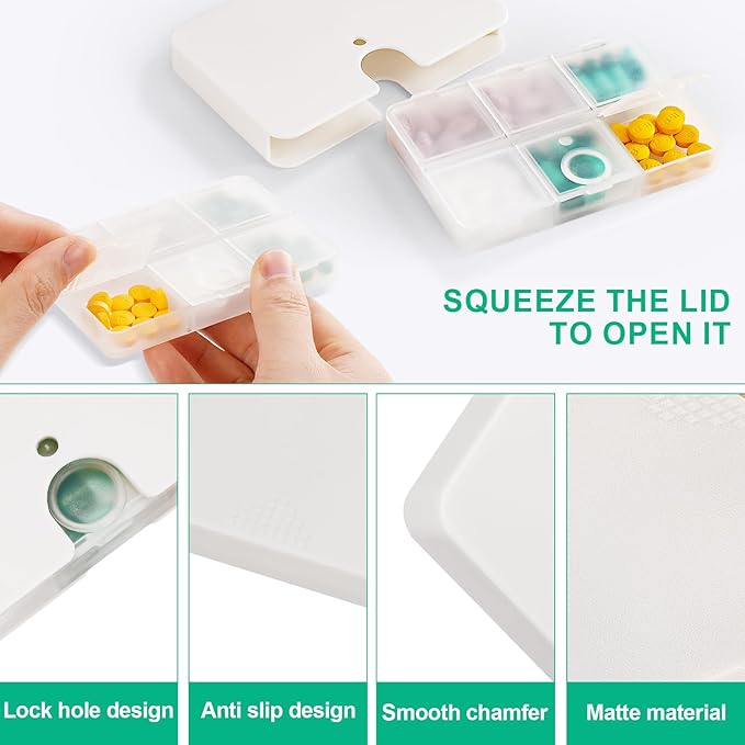 Portable Pill Organizer, 6 Compartments Travel Pill Case for Purse or Pocket -Small Pillbox Semi Transparent Black with Locking Hole (1 Transparent White)