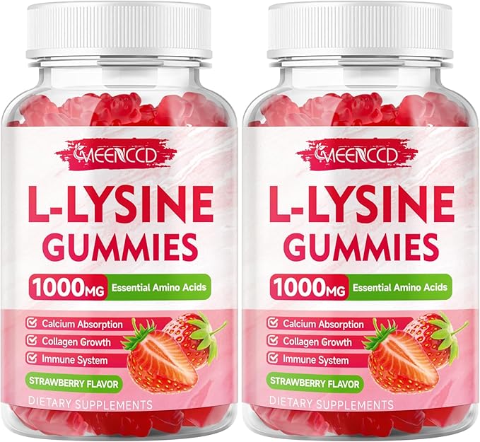 MEENCCD 2 Pack L-Lysine 1000mg Gummies, Lysine Supplement for Adults & Kids, Essential Amino Acid for Oral & Lips Health, Boost Immune & Calcium & Collagen, Sugar-Free, Strawberry Flavor, 120 Count