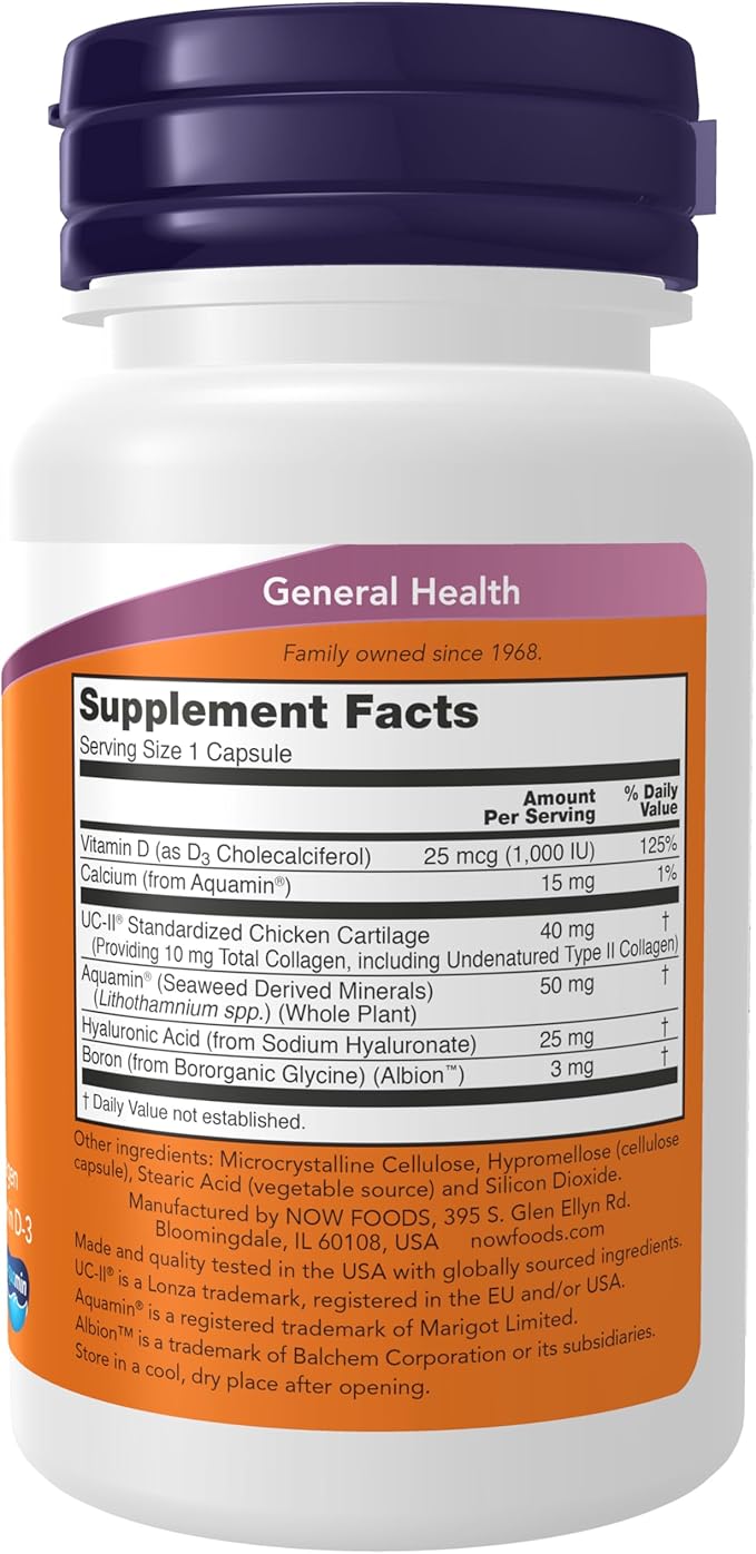NOW Supplements, UC-II Advanced Joint Relief with Undenatured Type II Collagen, plus Hyaluronic Acid, Boron, Vitamin D-3, 60 Veg Capsules