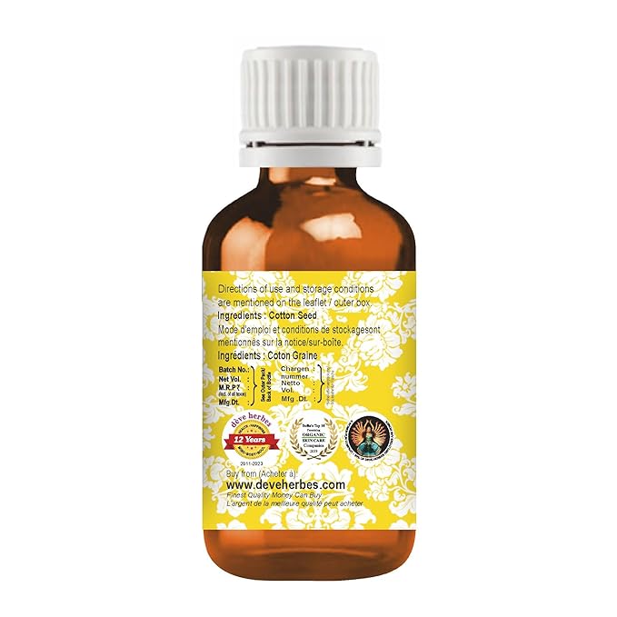 Deve Herbes Cotton Seed Oil (Gossypium spp) | Cold Pressed | Pure | Natural | Undiluted | For Diluting Essential oils | For Skin & Massage | Non-Sticky | Lightweight | Men & Women | 100ml (3.38 oz)