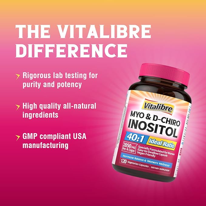 Inositol Supplement, Myo-Inositol & D-Chiro Inositol Supplements for Women, 40:1 Ideal Ratio, Hormone Balance and Women’s Wellness, 120 Vegan Capsules