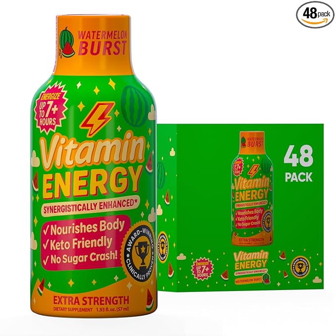 Vitamin Energy Immune+ Extra Strength Energy Shot Watermelon Burst 48 Pack, 260mg Natural Caffeine, B-Vitamins, Citicoline, Green Tea, Immunity & Focus Support, Zero Sugar, Gluten-Free 1.93 fl oz