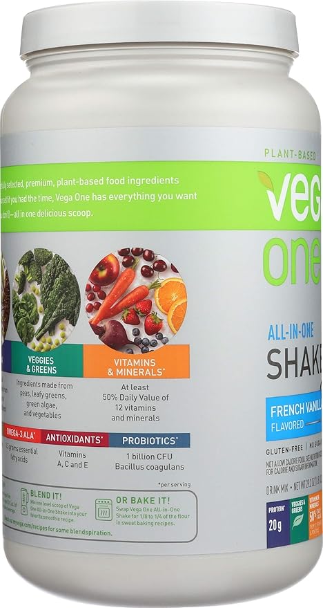 Vega One All in One Nutritional Shake French Vanilla - Plant Based Vegan Protein Powder, Non Dairy, Gluten Free, Non GMO, 29.2 Ounce (Pack of 1)